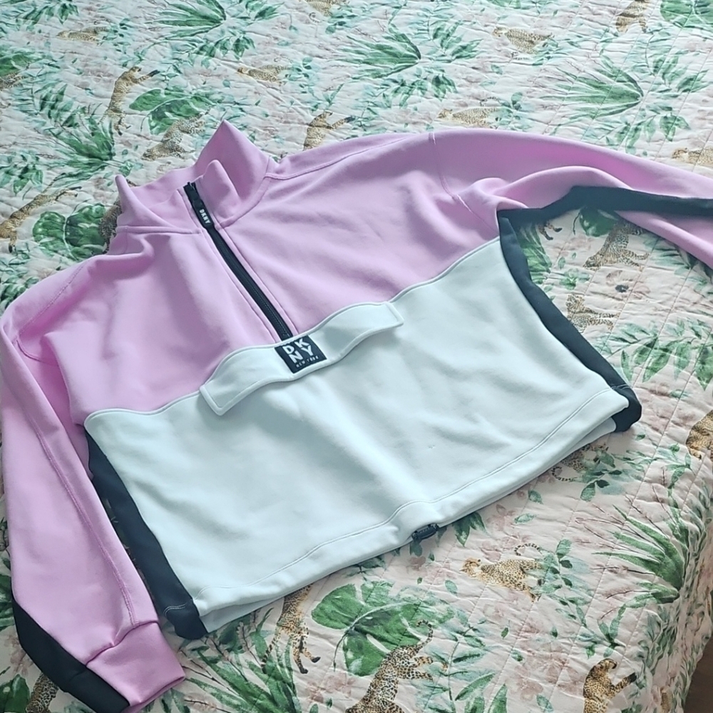 Pink and White Quarter-Zip DKNY Sweatshirt